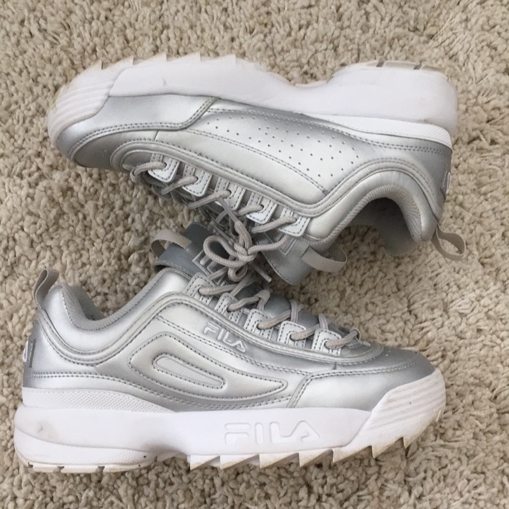 Metallic Silver Fila Disruptors